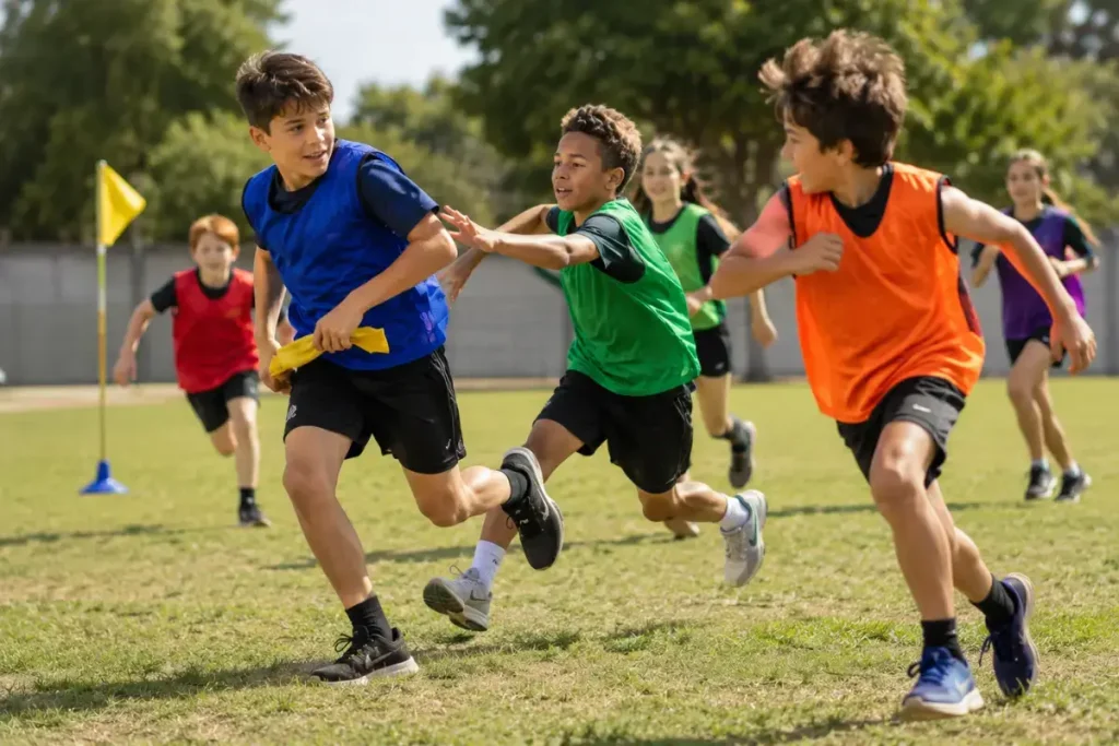 Large group playing 4-base capture the flag with four teams on an outdoor field