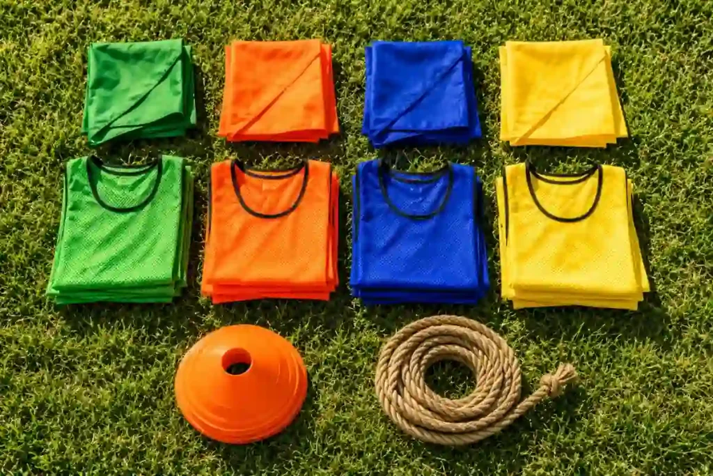 4-base capture the flag gear: four colored flags, pinnies, cones, and rope