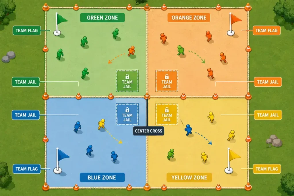 4-base capture the flag setup: field divided into four zones with four flags and jails