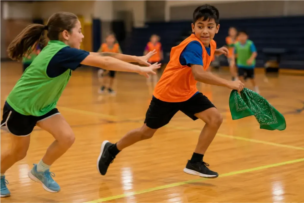 Kids playing indoor capture the flag in a school gym with green and orange pinnies