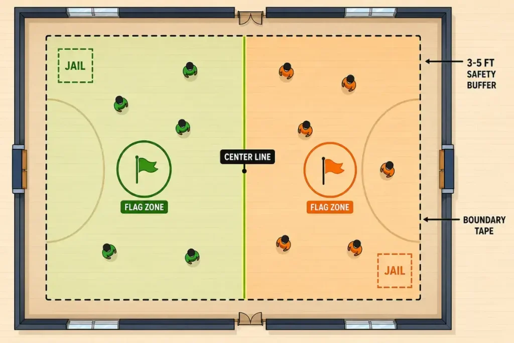 Indoor capture the flag setup: taped center line, flag hoops, and corner jails in a gym