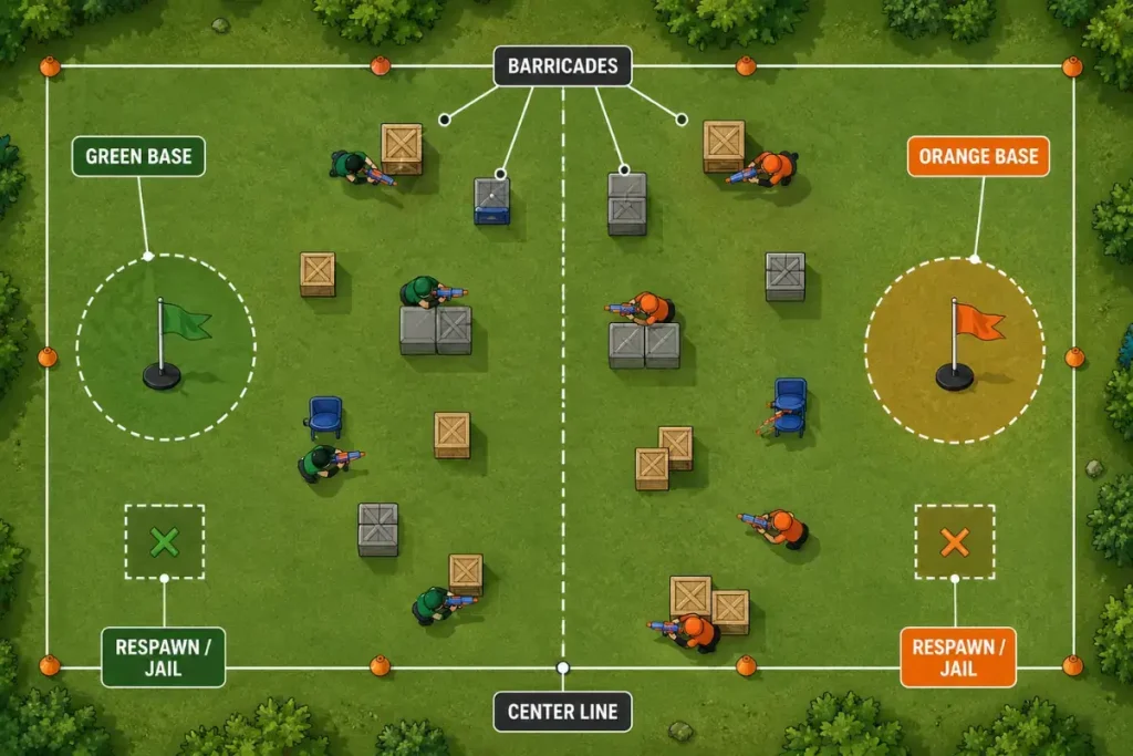 Nerf capture the flag setup: two bases, barricades for cover, and flags on an outdoor field