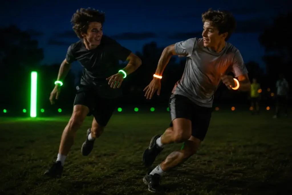 Two teens mid-run in glowing team bands during nighttime capture the flag