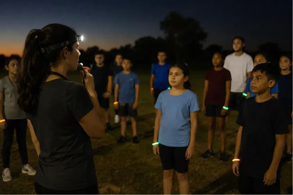 Group in glow bands and a leader with a headlamp before a nighttime capture the flag game