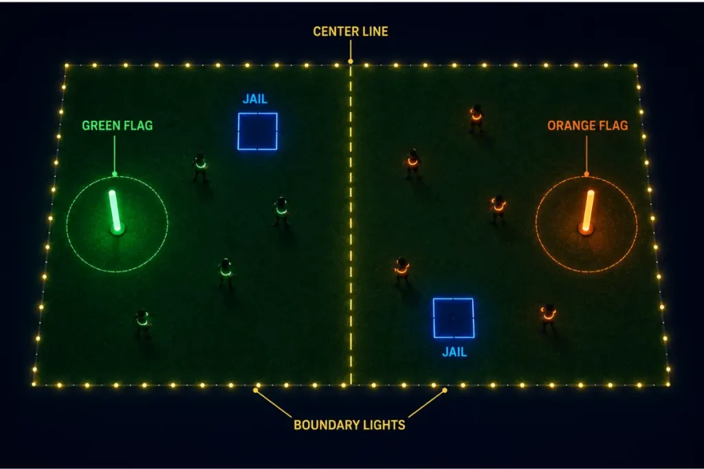 Nighttime capture the flag setup diagram: glowing flags, lit boundaries, and jails