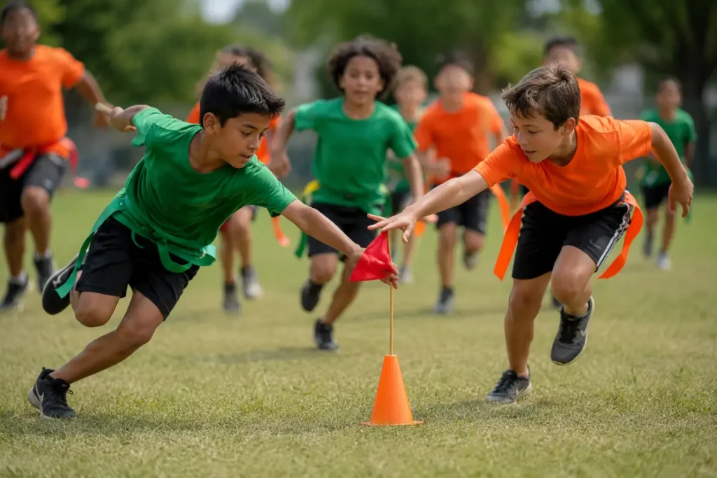 Two teams racing for a single center flag in one flag capture the flag