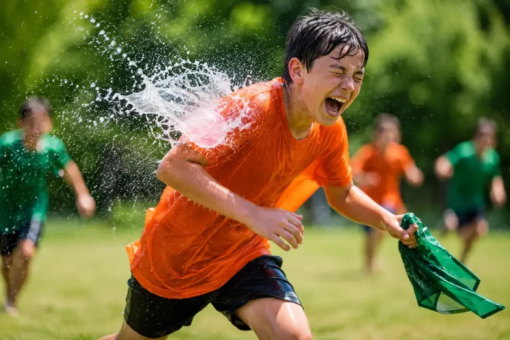 Kids playing water balloon capture the flag in a sunny backyard